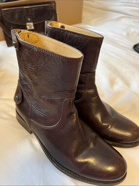 Frye Mid-Calf Leather Riding Boots in Dark Brown